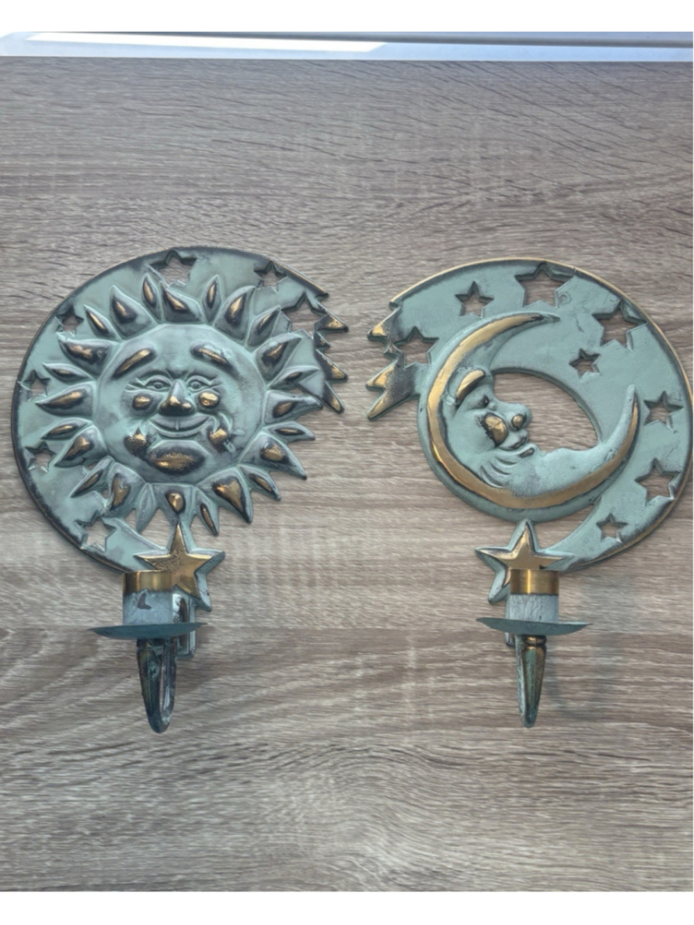 Vintage PartyLite Sun Moon Stars Wall Sconce Candle Holders Pair 1994 Metal